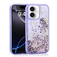 Apple iPhone 16 Kılıf Sıvılı Simli Kelebek Baskılı Şeffaf Arka Yüzey Zore Glis Silikon Kapak  Mor