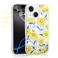 Apple iPhone 15 Kılıf Sıvılı Simli Baskılı Şeffaf Arka Yüzey Zore Mossa Silikon Kapak  Sarı