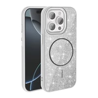 Apple iPhone 15 Pro Max Kılıf Magsafe Şarj Özellikli Parlayan Simli Zore Okso Kapak  Beyaz