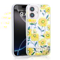 Apple iPhone 16 Kılıf Sıvılı Simli Baskılı Şeffaf Arka Yüzey Zore Mossa Silikon Kapak  Sarı