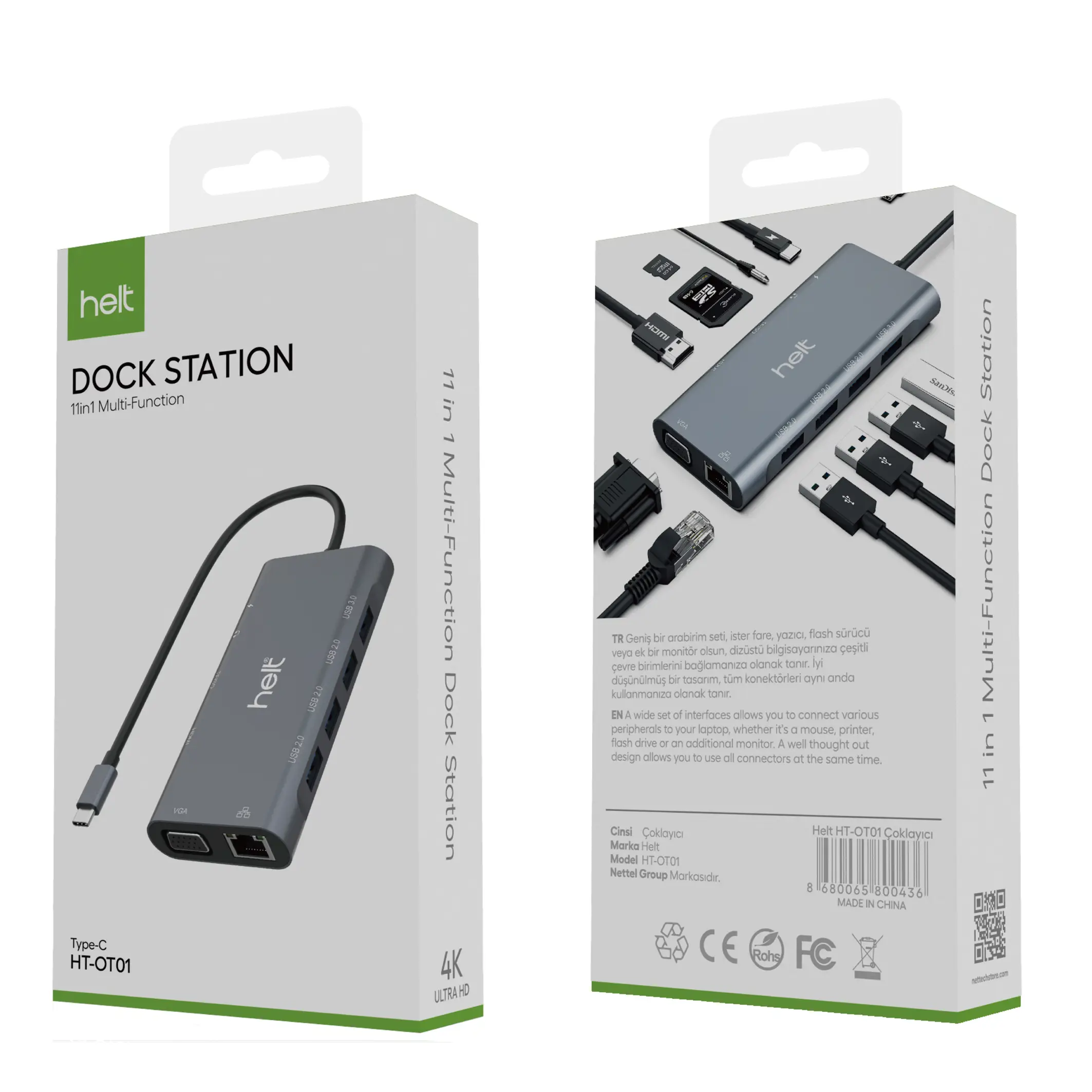 Helt HT-OT01 USB + Hdmı + Vga + Type-C + Jack + Ethernet + Sd Kart To Type-c Dönüştürücü (Gri) NT-100956
