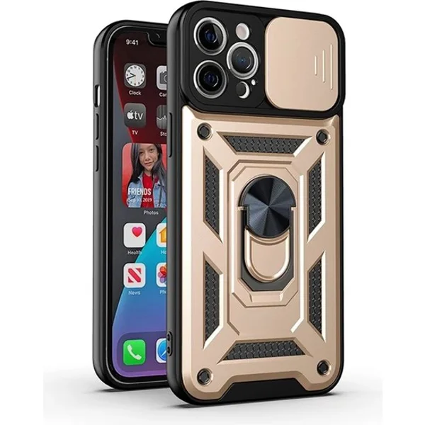 Nettech Apple iPhone 12 Pro Uyumlu Kızaklı Panzer Seri Arka Koruma Kılıf (Gold) NT-85944 - 2