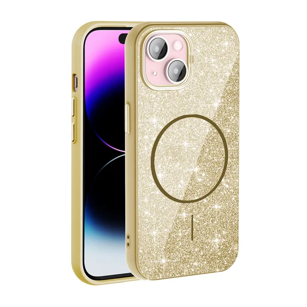 Apple iPhone 15 Kılıf Magsafe Şarj Özellikli Parlayan Simli Zore Okso Kapak - Gold - 1