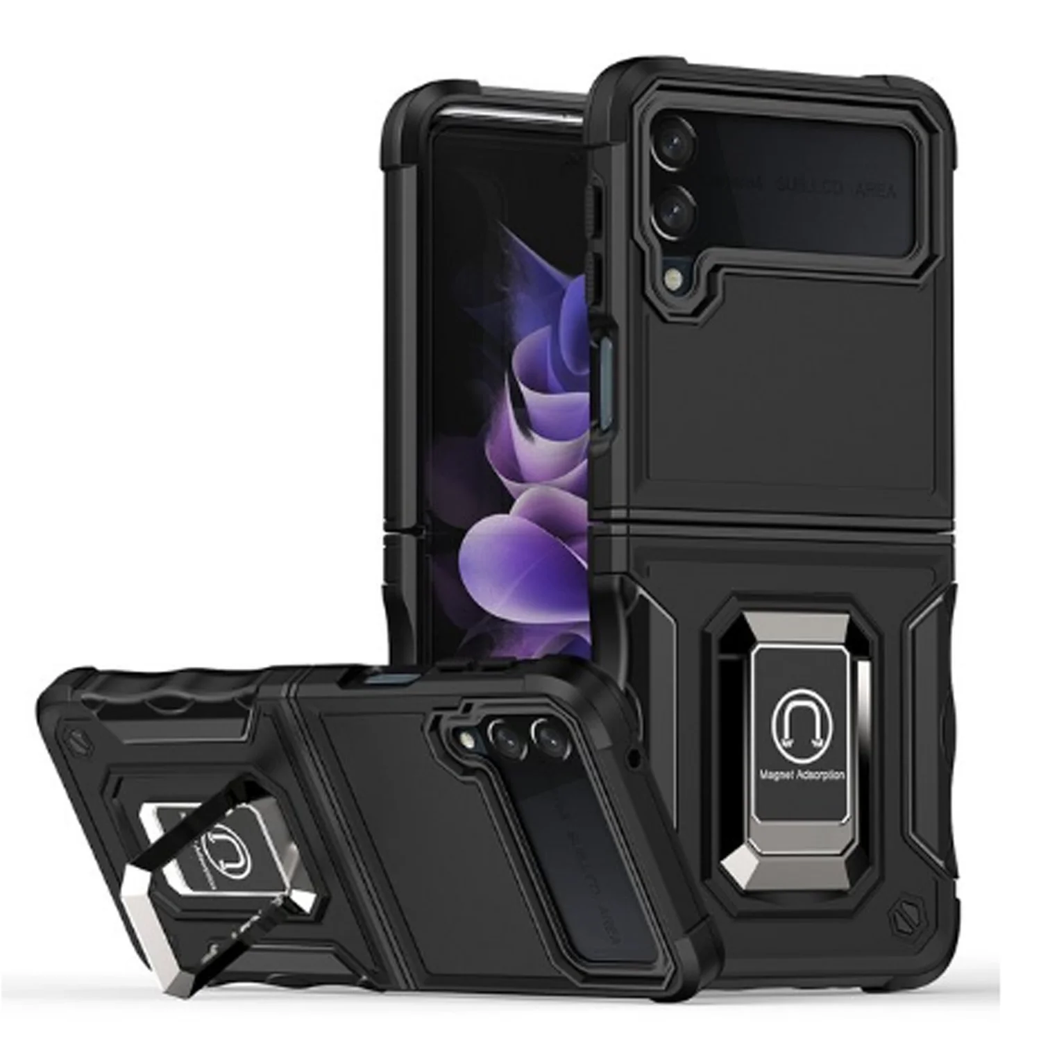 Nettech Samsung Galaxy Z Flip 4 Uyumlu Armour Yüzüklü Seri Arka Koruma Kılıf (Siyah) NT-100737
