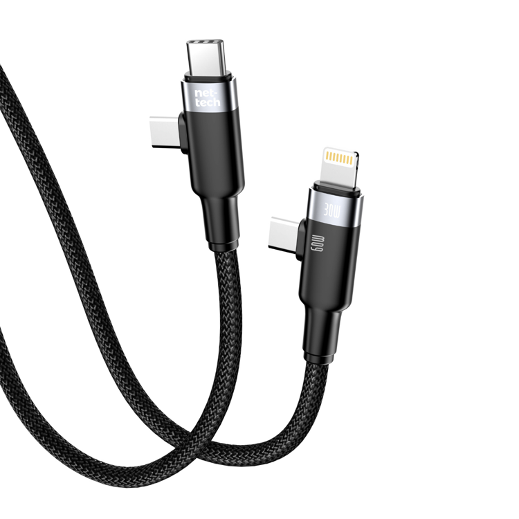 Nettech NT-DC45 60W+30W Plastik 100 Cm Type-C To Type-C+Lightning Şarj ve Data Kablosu (Siyah) NT-108316