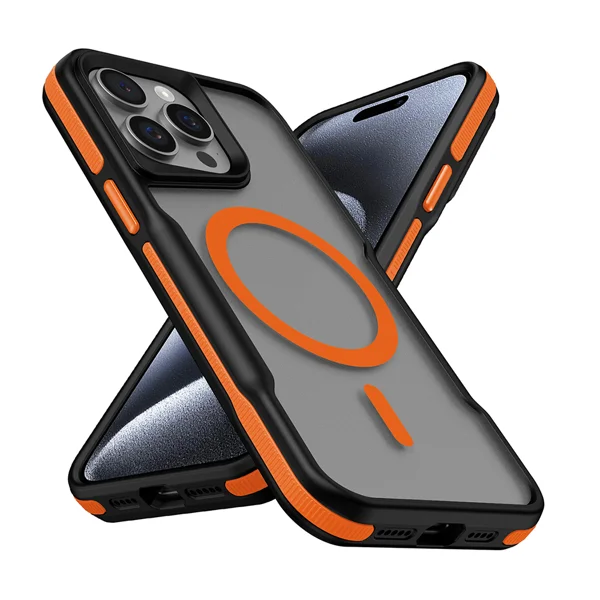 Apple iPhone 15 Pro Kılıf Magsafe Şarj Özellikli Renkli Kenar Airbag Şeritli Zore Lamer Kapak - Turuncu - 1