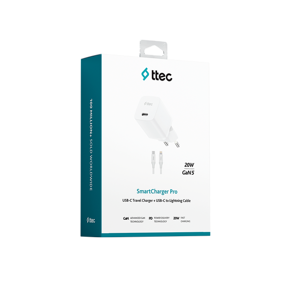 Ttec SmartCharger GAN 20W PD Seyahat Hızlı Şarj Aleti + USB-C - Lightning 150cm Kablo 2SCG20LB - 1