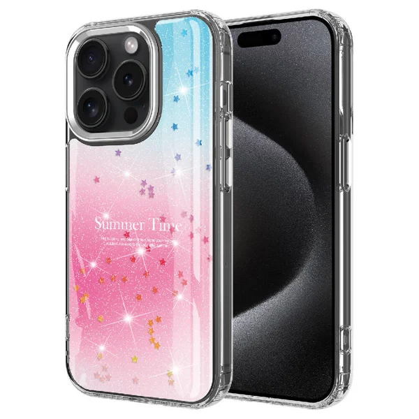Apple iPhone 15 Pro Max Kılıf Simli Desenli Parlak Zore Task Kapak - Pembe - 1