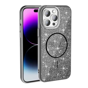Apple iPhone 14 Pro Max Kılıf Magsafe Şarj Özellikli Parlayan Simli Zore Okso Kapak - Siyah