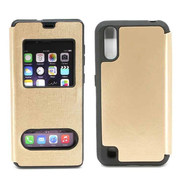 Nettech Samsung Galaxy A01 Uyumlu Pencereli Kapaklı Kılıf (Gold) NT-80083