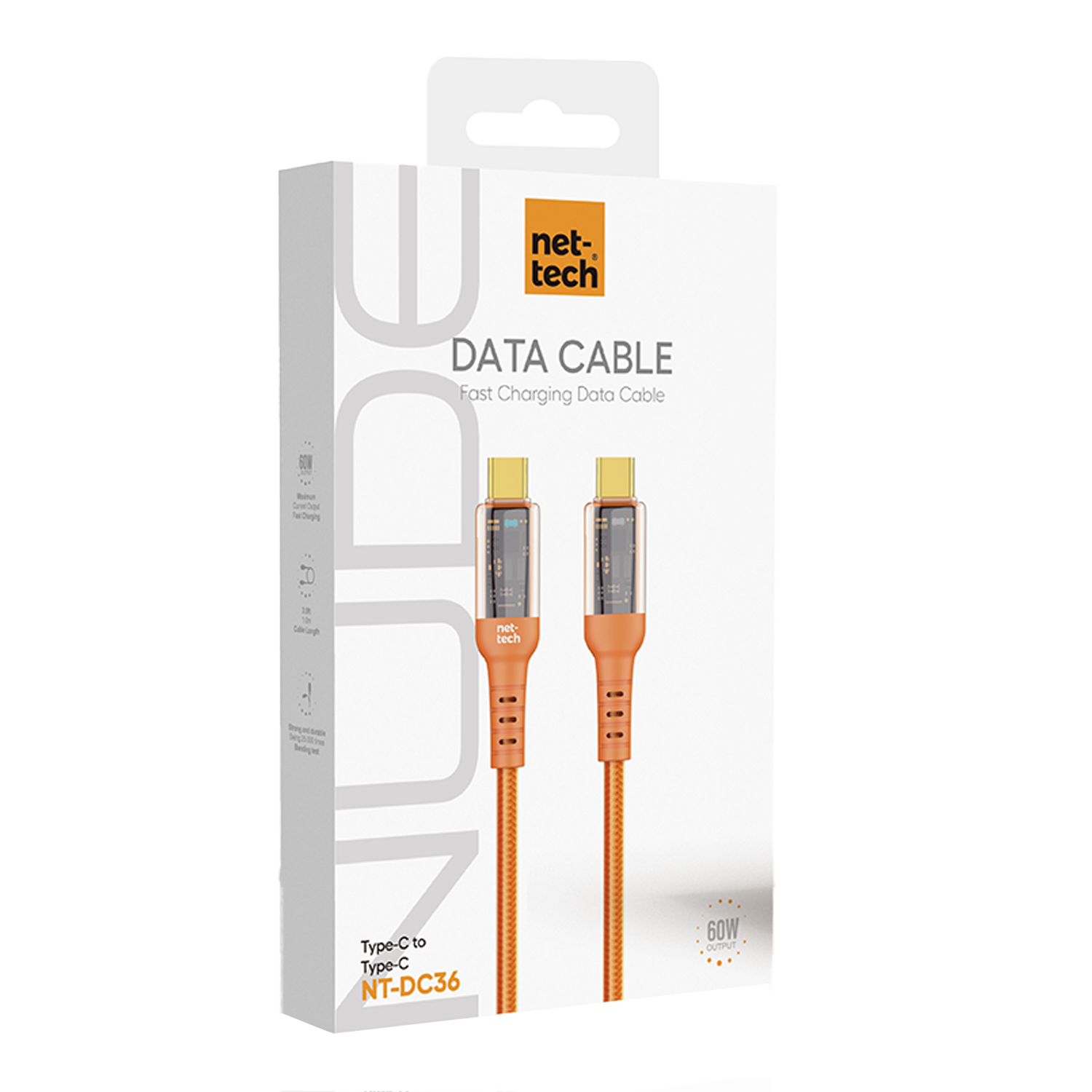 Nettech NT-DC36 60W Plastik 100 Cm Type-C To Type-C Şarj ve Data Kablosu (Turuncu) NT-108305