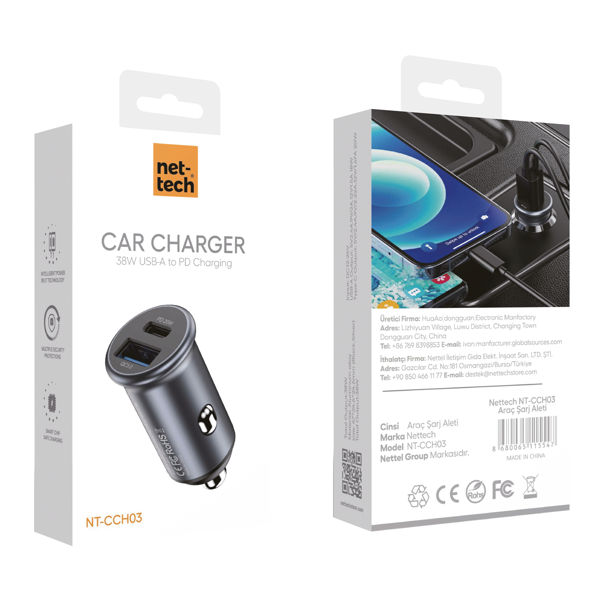 Nettech NT-CCH03 Usb + Type-C PD 18W + 20W 2 Çıkışlı Araç Şarj Aleti (Siyah) NT-CCH03 - 2