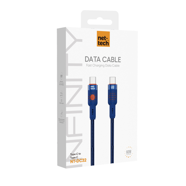 Nettech NT-DC32 60W Plastik 100 Cm Type-C To Type-C Şarj ve Data Kablosu (Mavi) NT-108297