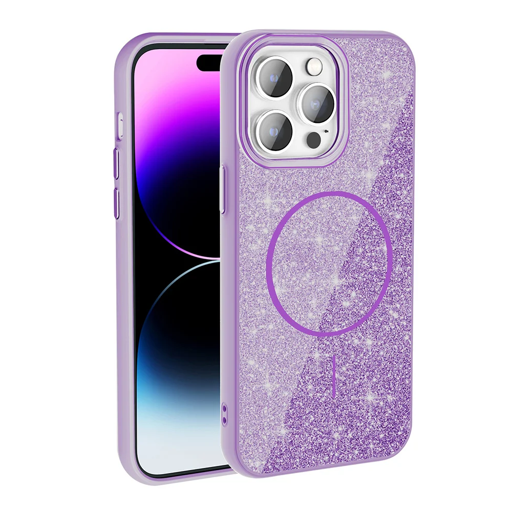 Apple iPhone 14 Pro Max Kılıf Magsafe Şarj Özellikli Parlayan Simli Zore Okso Kapak - Derin Mor