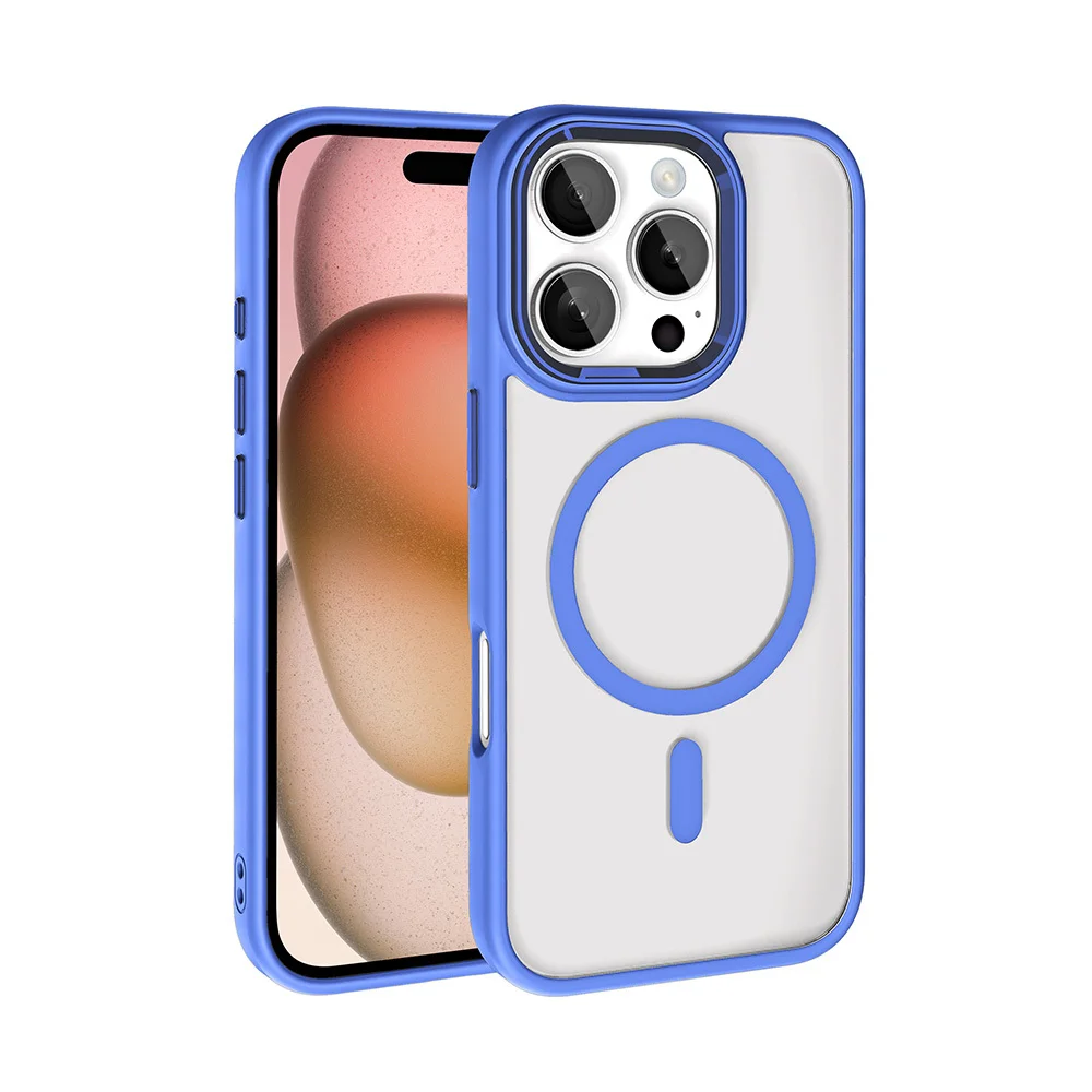 Apple iPhone 16 Pro Kılıf Wireless Şarj Özellikli Zore Krom Magsafe Silikon Kapak - Mavi