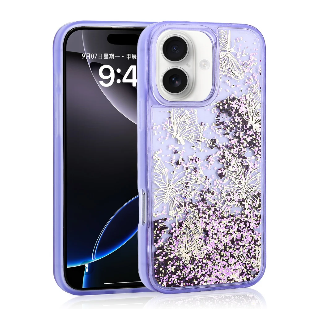 Apple iPhone 16 Kılıf Sıvılı Simli Kelebek Baskılı Şeffaf Arka Yüzey Zore Glis Silikon Kapak - Mor