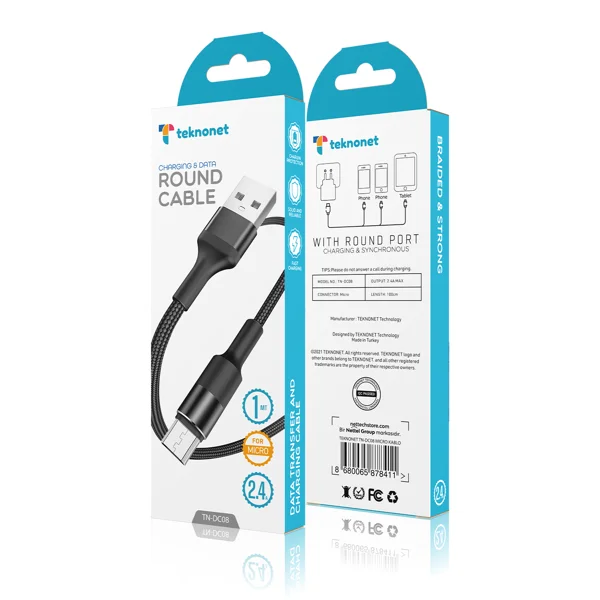 Teknonet TN-DC08 İp Örgü 100 Cm Micro Şarj ve Data Kablosu (Siyah) NT-92574 - 3