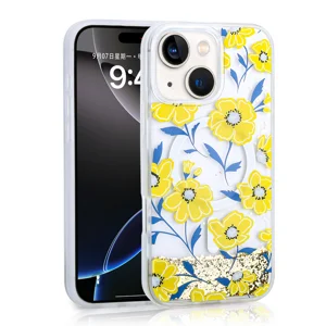 Apple iPhone 15 Kılıf Sıvılı Simli Baskılı Şeffaf Arka Yüzey Zore Mossa Silikon Kapak - Sarı