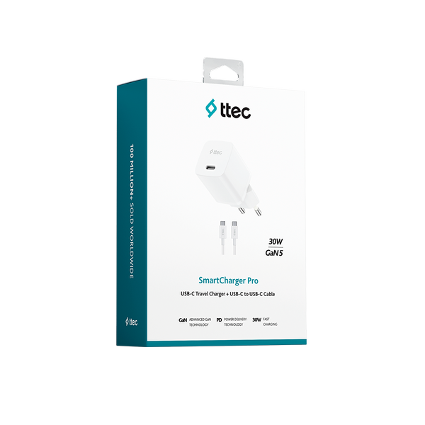 Ttec SmartCharger GAN 30W PD Seyahat Hızlı Şarj Aleti + USB-C - USB-C 3A Kablo 2SCG30CB