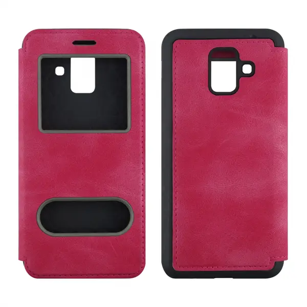 Nettech Samsung Galaxy A600 A6 2018 Uyumlu Pencereli Kapaklı Kılıf (Pembe) VR-9587