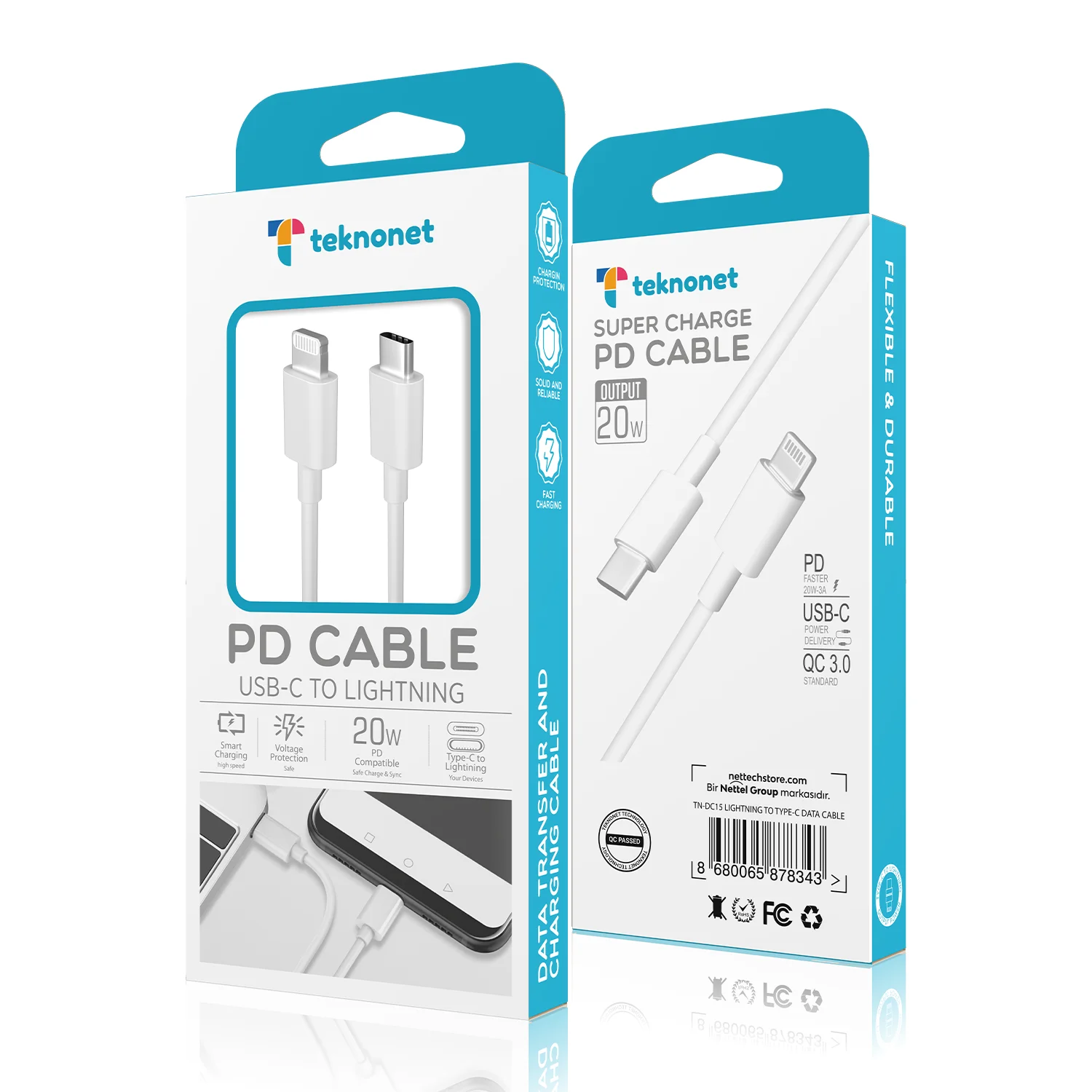 Teknonet TN-DC15 20W PD Plexy 100 Cm Type-C To Lightning Şarj ve Data Kablosu (Beyaz) NT-92581