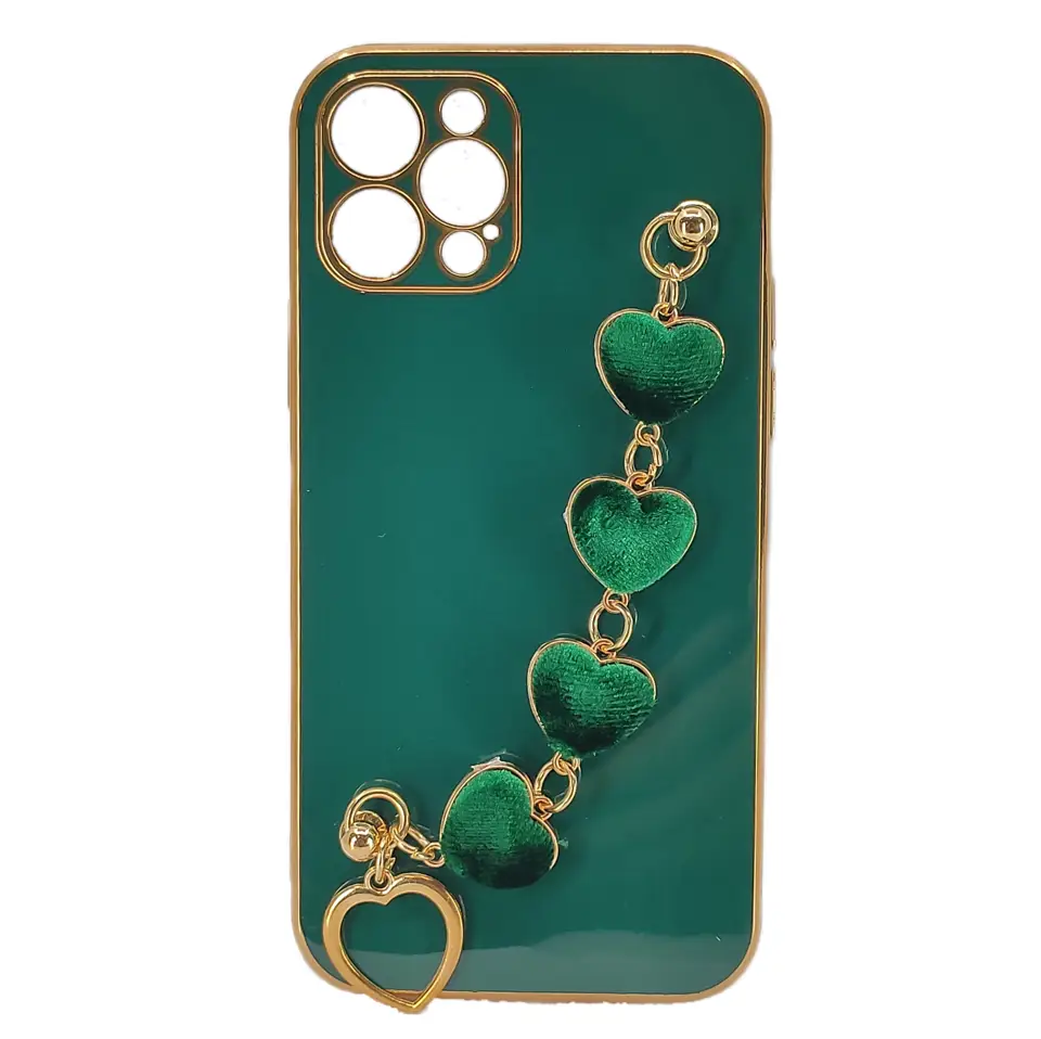 Nettech Apple iPhone 12 Pro Uyumlu Lüx Kalp Zincir Arka Koruma Kılıf (Yeşil) NT-94810