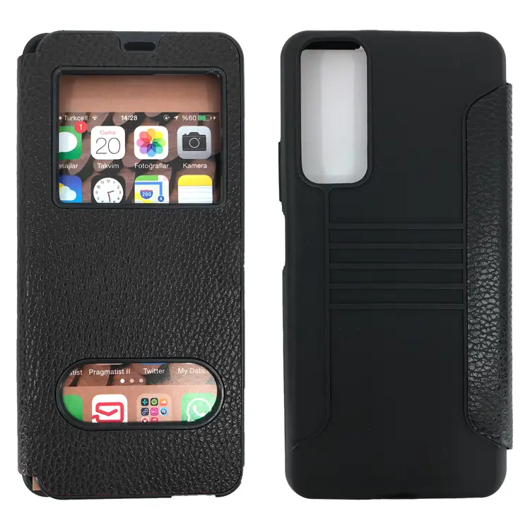 Nettech Huawei P Smart 2021 Uyumlu Pencereli Kapaklı Kılıf (Siyah) NT-84500