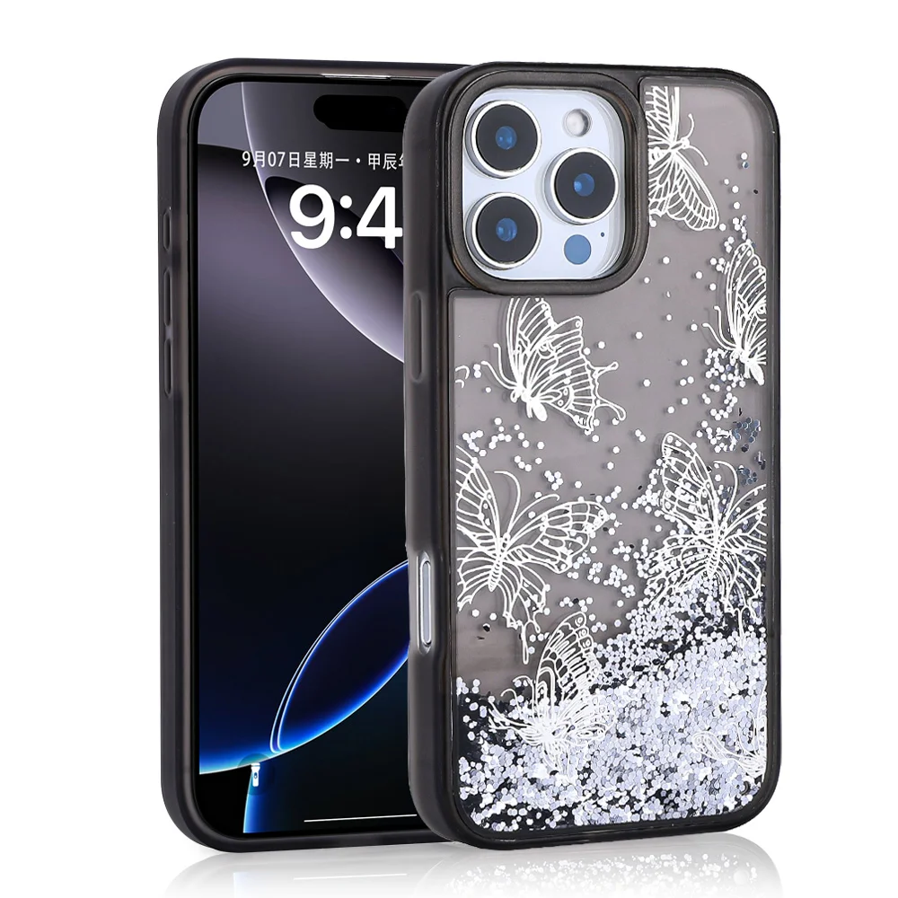 Apple iPhone 16 Pro Max Kılıf Sıvılı Simli Kelebek Baskılı Şeffaf Arka Yüzey Zore Glis Silikon Kapak - Siyah