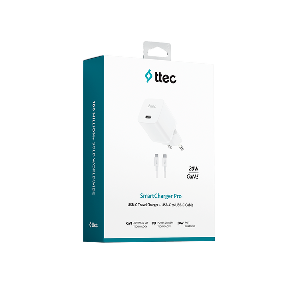Ttec SmartCharger GAN 20W PD Seyahat Hızlı Şarj Aleti + USB-C - USB-C 60W Kablo 2SCG20CB