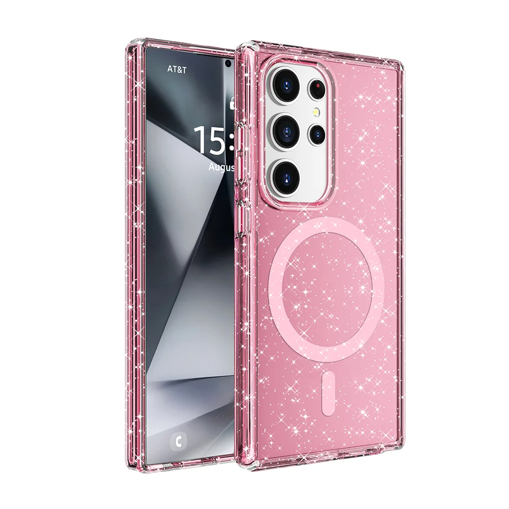 Galaxy S25 Ultra Kılıf Magsafe Şarj Özellikli Parlayan Simli Saydam Renkli Zore Allstar Kapak - Pembe