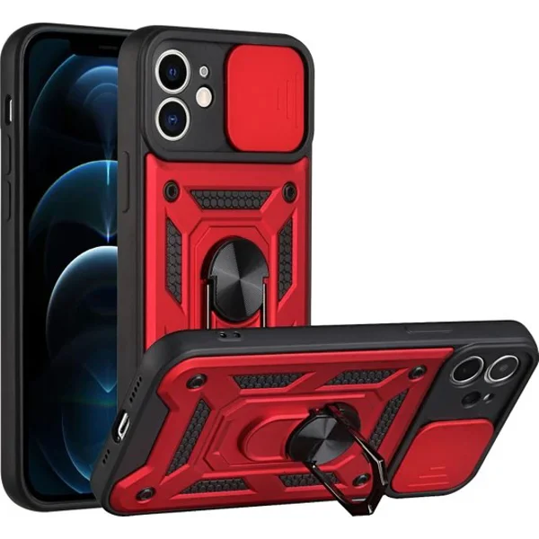 Nettech Apple iPhone 12 Uyumlu Kızaklı Panzer Seri Arka Koruma Kılıf (Kırmızı) NT-85951 - 2