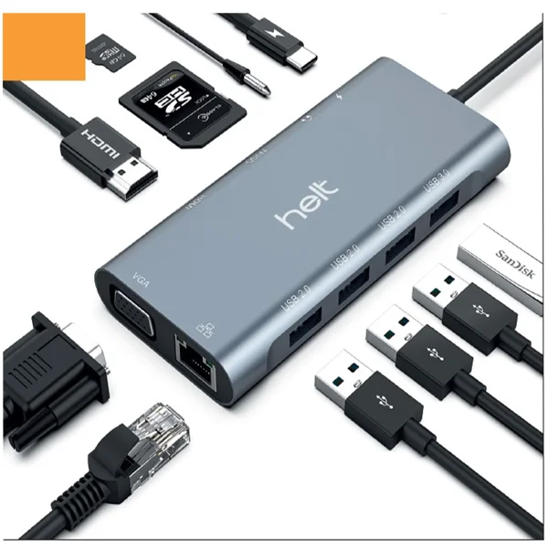 Helt HT-OT01 USB + Hdmı + Vga + Type-C + Jack + Ethernet + Sd Kart To Type-c Dönüştürücü (Gri) NT-100956 - 2