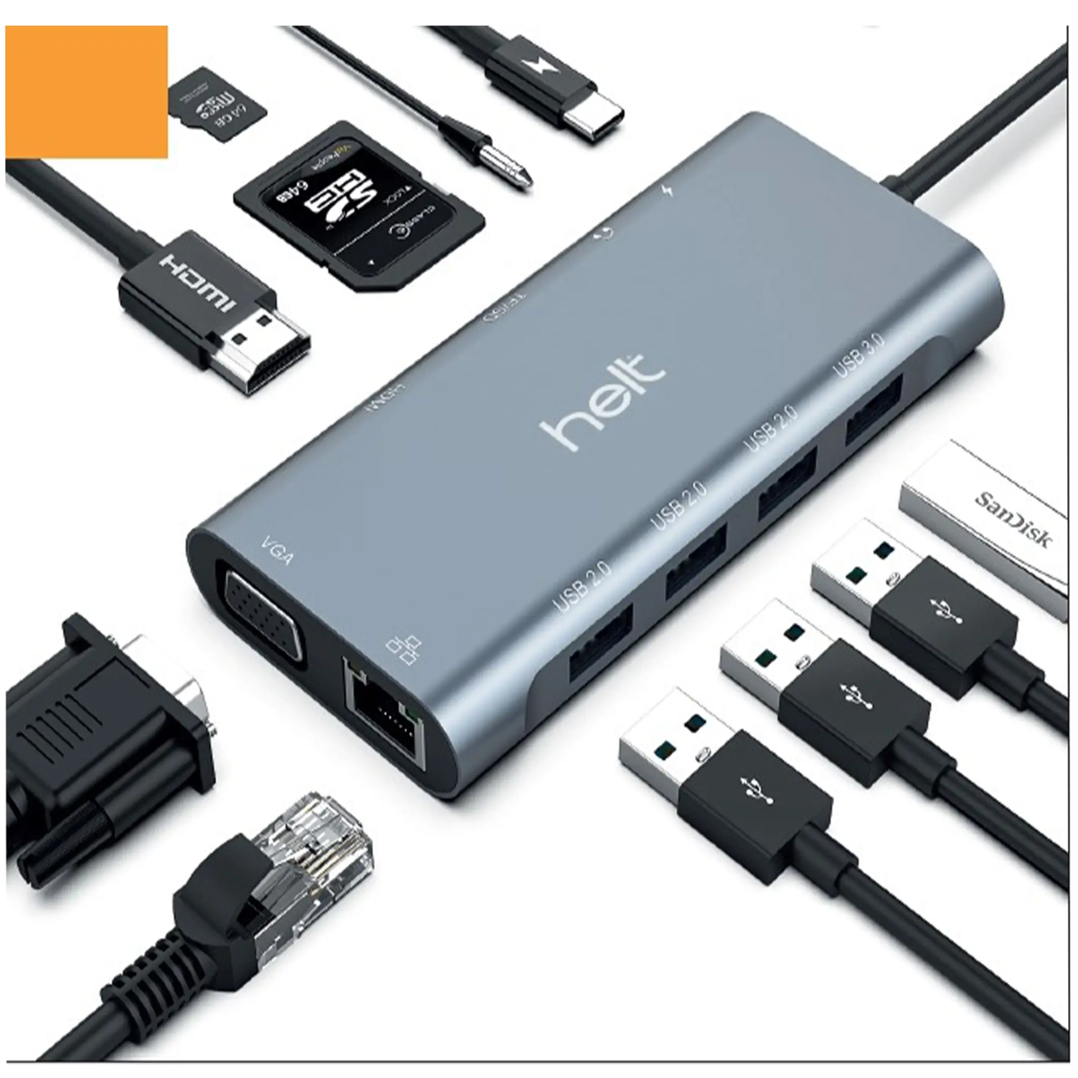 Helt HT-OT01 USB + Hdmı + Vga + Type-C + Jack + Ethernet + Sd Kart To Type-c Dönüştürücü (Gri) NT-100956