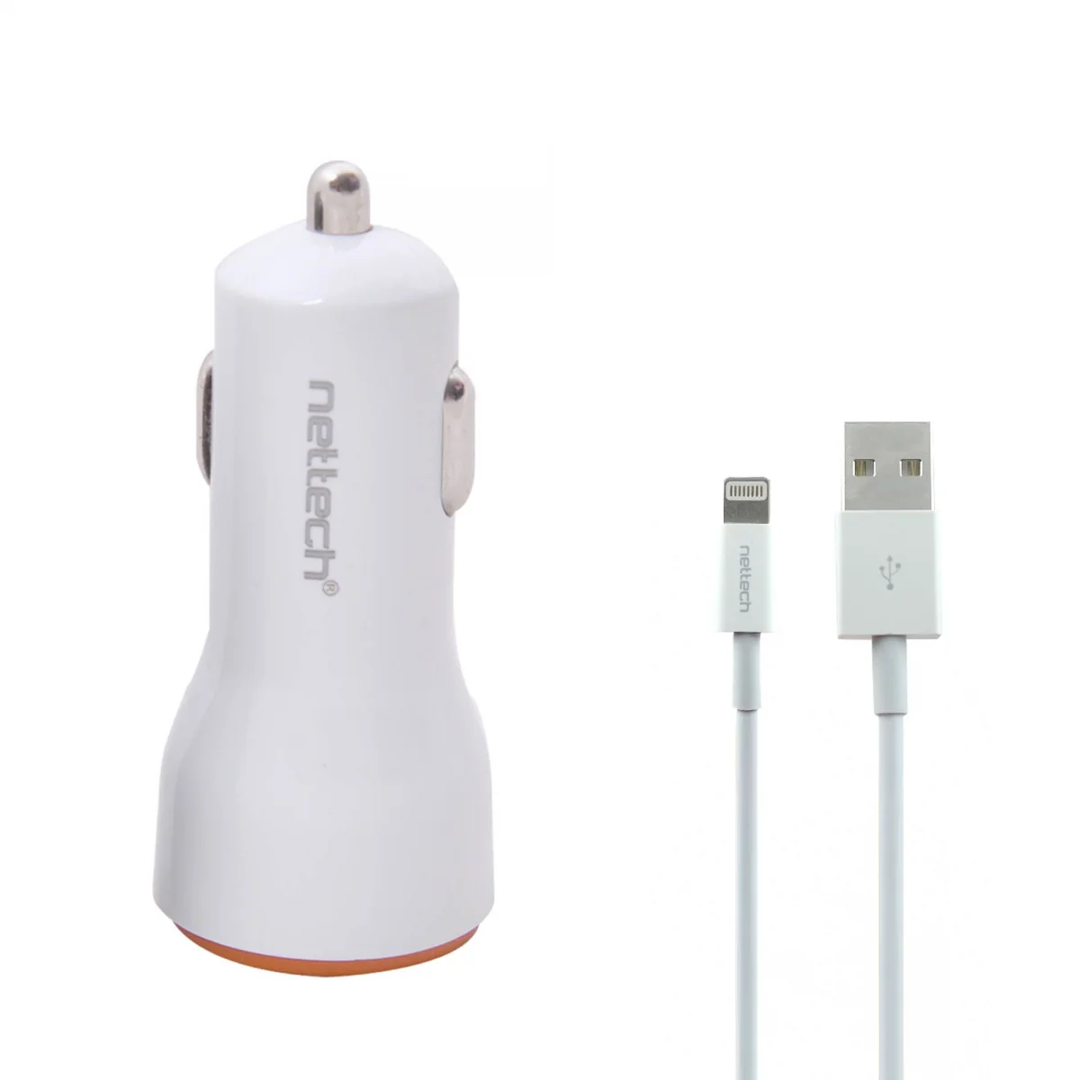 Nettech Promosyon 2 Çıkışlı Micro+Lightning Kablo + Araç Şarj Aleti (Beyaz) NT-102120