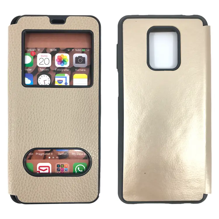 Nettech Xiaomi Redmi Note 9s Uyumlu Pencereli Kapaklı Kılıf (Gold) NT-84472