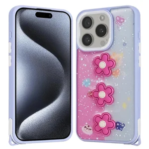 Apple iPhone 15 Pro Kılıf Parlayan Simli Kabartma Figürlü Zore Cevze Kapak - Mor Papatya