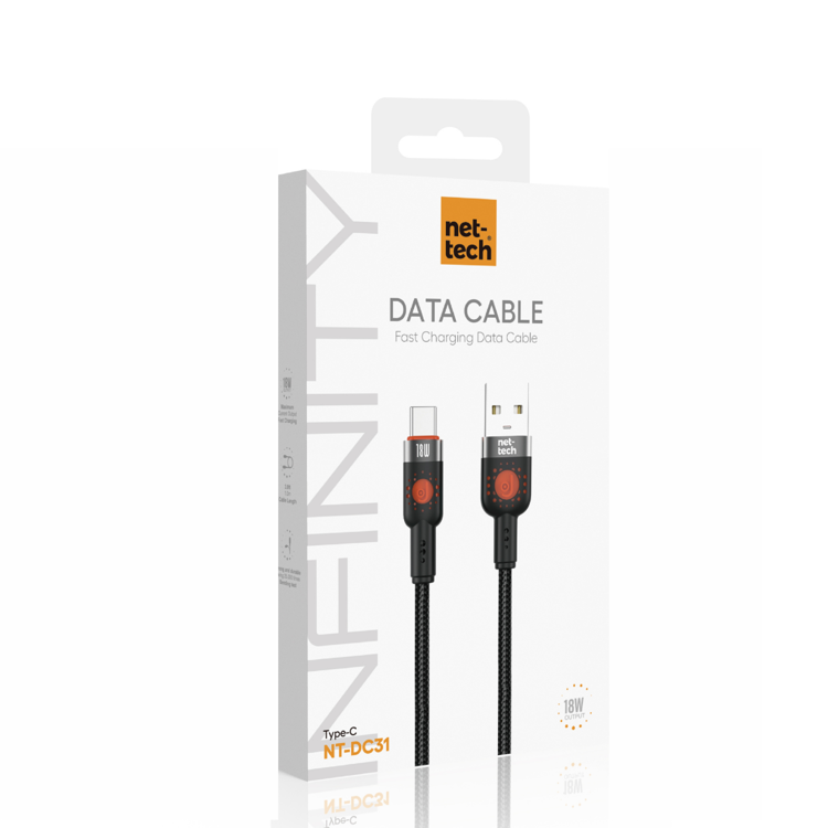 Nettech NT-DC31 18W Plastik 100 Cm Type-C Şarj ve Data Kablosu (Siyah) NT-108293