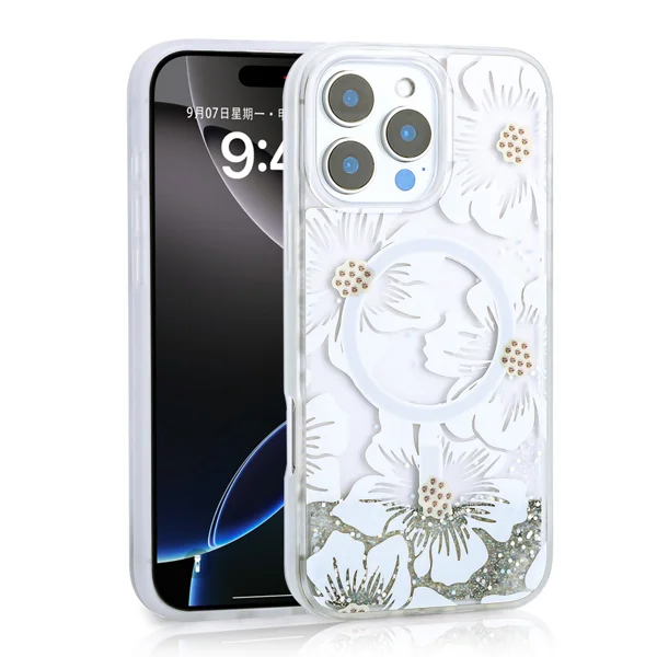 Apple iPhone 16 Pro Max Kılıf Sıvılı Simli Baskılı Şeffaf Arka Yüzey Zore Mossa Silikon Kapak - Gri - 1