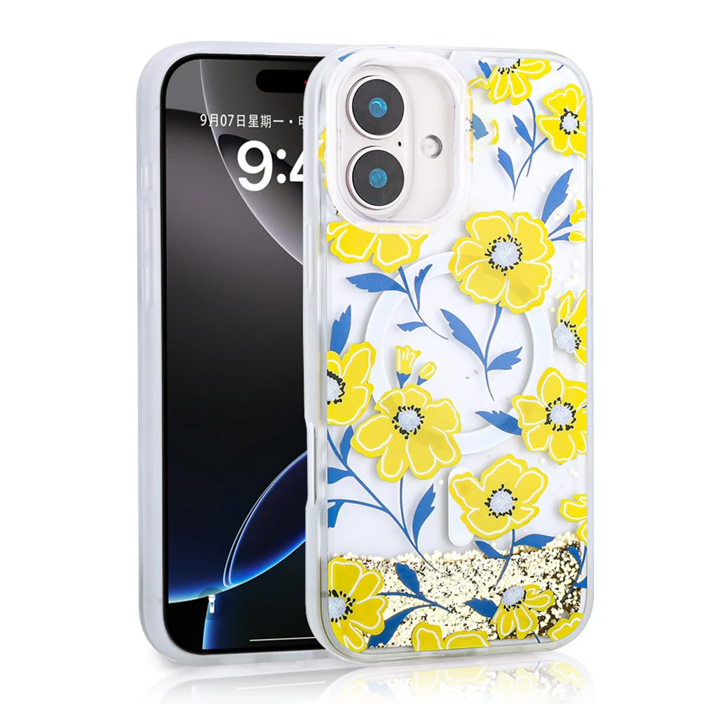 Apple iPhone 16 Kılıf Sıvılı Simli Baskılı Şeffaf Arka Yüzey Zore Mossa Silikon Kapak - Sarı