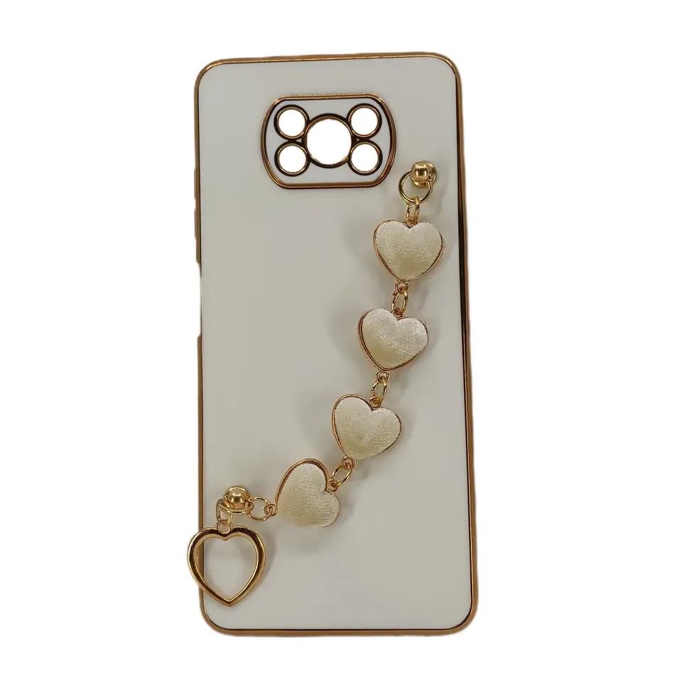 Nettech Xiaomi Poco X3 NFC Uyumlu Lüx Kalp Zincir Arka Koruma Kılıf (Beyaz) NT-94832