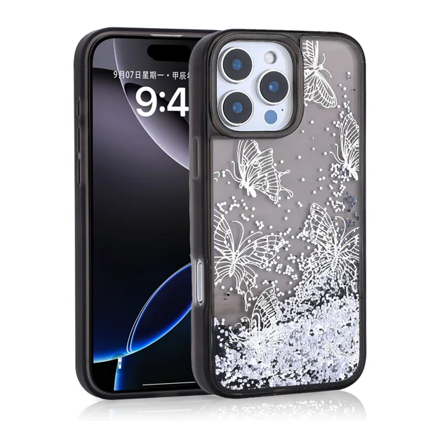 Apple iPhone 15 Pro Max Kılıf Sıvılı Simli Kelebek Baskılı Şeffaf Arka Yüzey Zore Glis Silikon Kapak - Siyah - 1