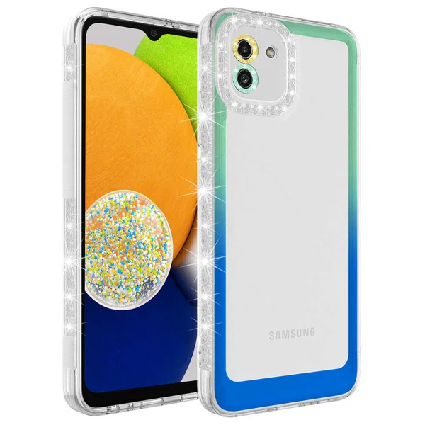 Galaxy A03 Kılıf Simli ve Renk Geçiş Tasarımlı Lens Korumalı Zore Park Kapak - Yeşil-Mavi - 1