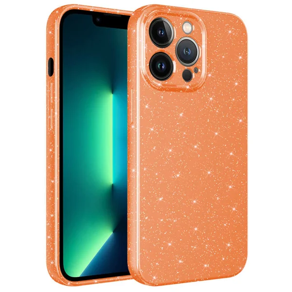 Apple iPhone 13 Pro Kılıf Kamera Korumalı Simli Lüks Zore Koton Kapak - Turuncu - 1