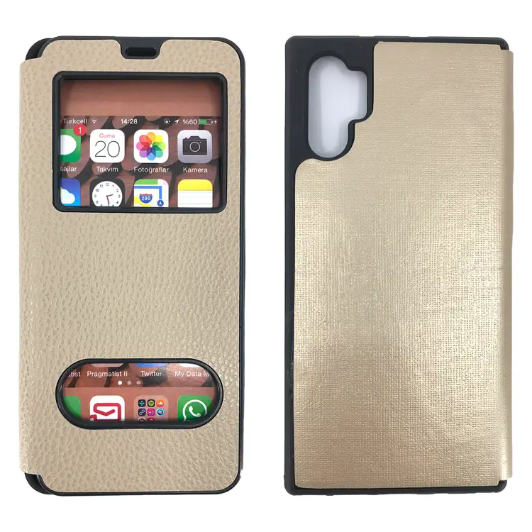 Nettech Samsung Galaxy Note 10 Plus Uyumlu Pencereli Kapaklı Kılıf (Gold) NT-84488