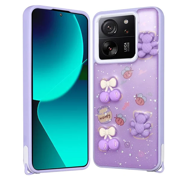 Xiaomi Mi 13T Kılıf Parlayan Simli Kabartma Figürlü Zore Cevze Kapak - Mor Ayı - 1