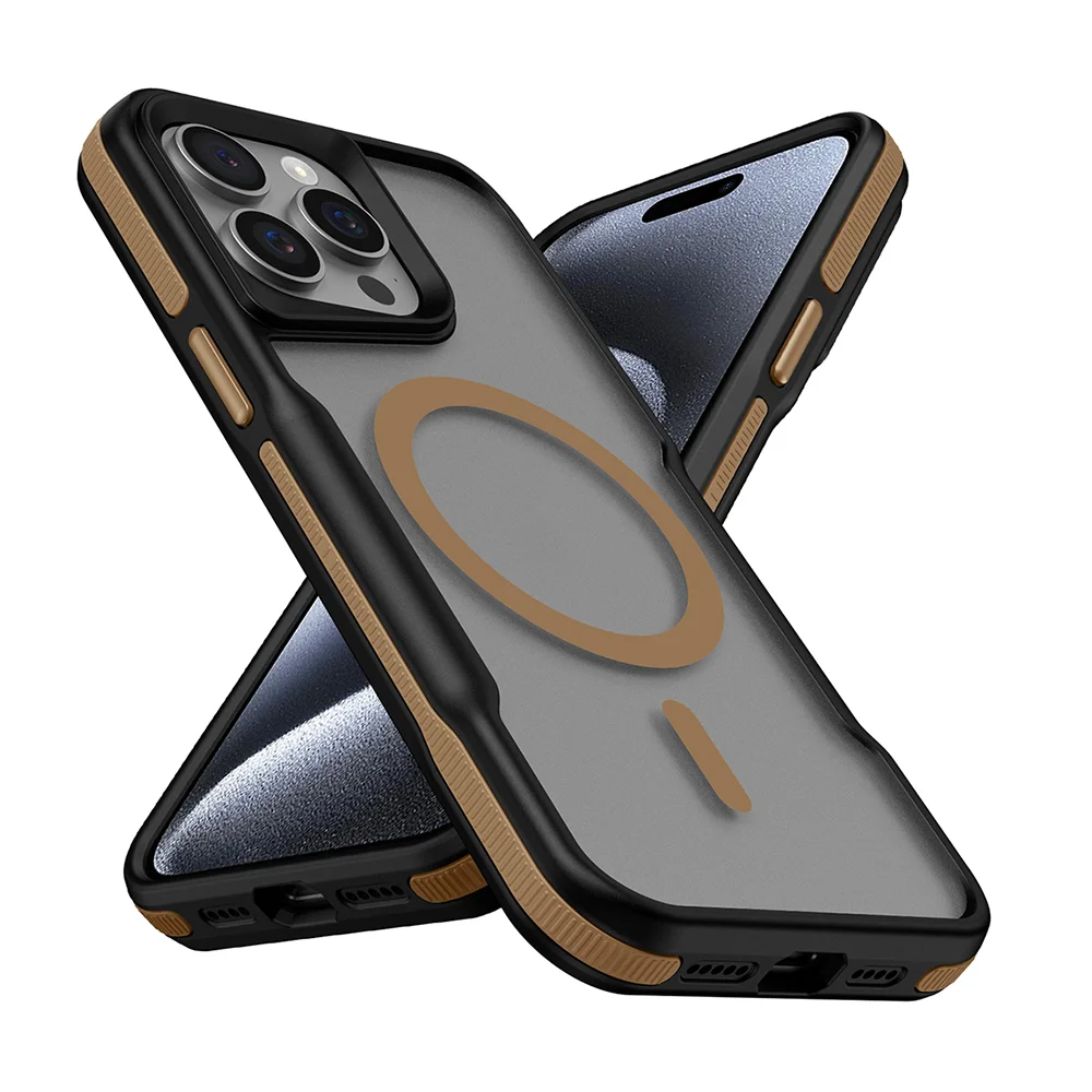 Apple iPhone 15 Pro Max Kılıf Magsafe Şarj Özellikli Renkli Kenar Airbag Şeritli Zore Lamer Kapak - Titanyum-Gold