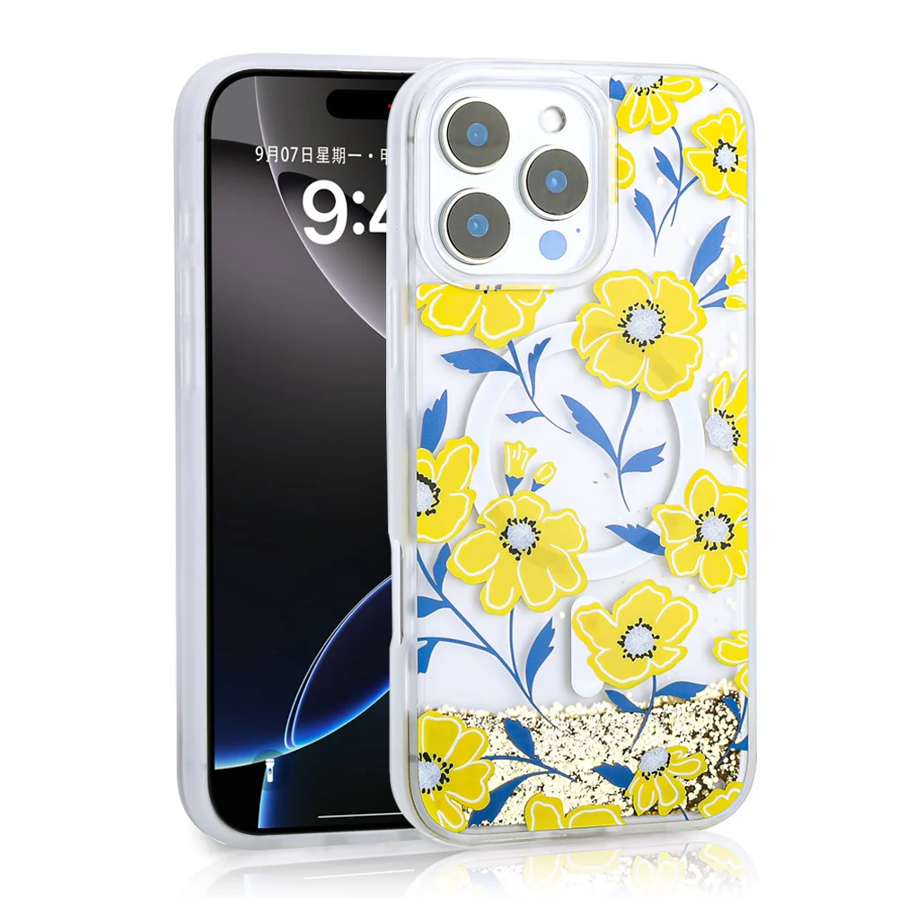 Apple iPhone 15 Pro Max Kılıf Sıvılı Simli Baskılı Şeffaf Arka Yüzey Zore Mossa Silikon Kapak - Sarı