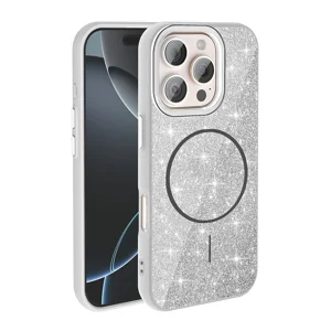 Apple iPhone 16 Pro Max Kılıf Magsafe Şarj Özellikli Parlayan Simli Zore Okso Kapak - Beyaz