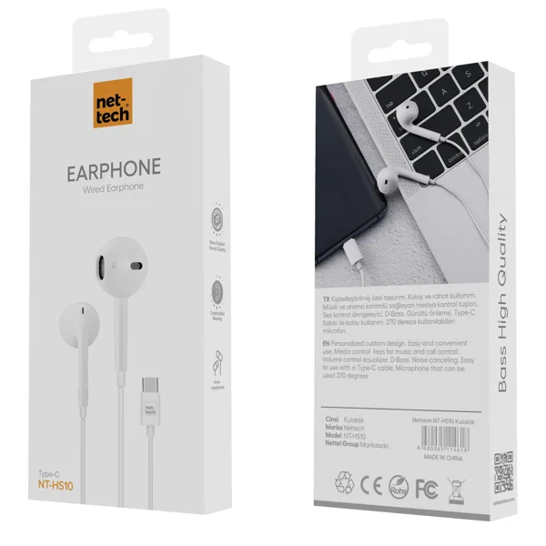 Nettech NT-HS10 Type-C Girişli Kulak İçi Kulaklık (Beyaz) NT-HS10