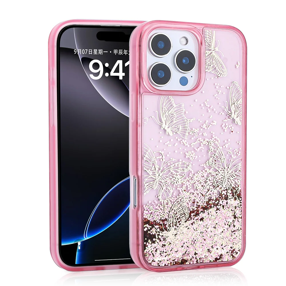Apple iPhone 15 Pro Max Kılıf Sıvılı Simli Kelebek Baskılı Şeffaf Arka Yüzey Zore Glis Silikon Kapak - Pembe